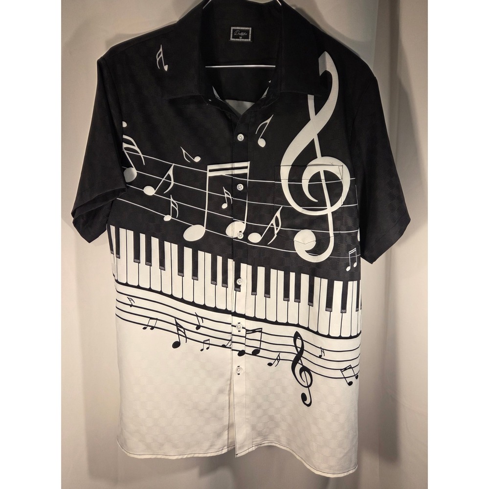 Daddyloco Music Piano Shirt Medium Black White Excellent Graphic Button Down